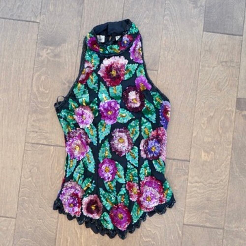 Vtg Laurence Kazar Silk Sequin Mock Neck Sleeveless Floral Womens Sz Small